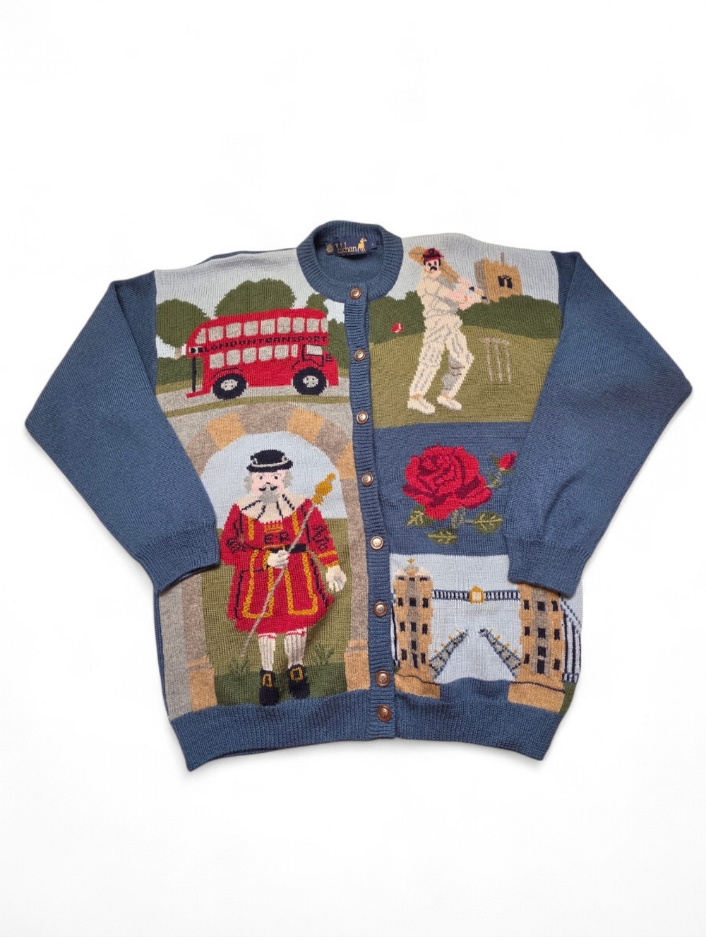 Tulchan Wool Knit Cardigan Sweater Double Decker Bus Cricket London Scenes